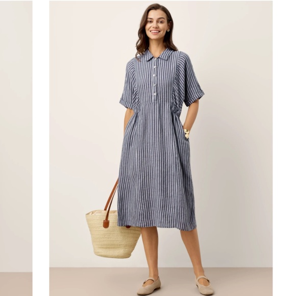 Lintico Dresses & Skirts - 100% Linen Striped Buttoned Front Short Sleeve Midi Shirt Dress CASSANDRA